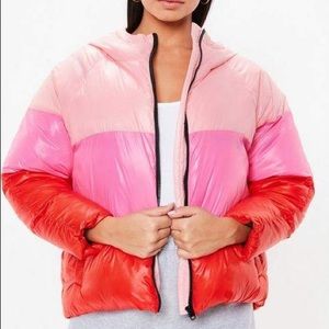 Missguided pink and red colour block light puffer jacket with hood